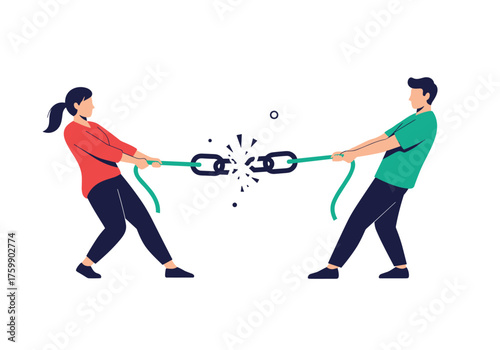 A man and a woman are engaged in a tug-of-war with a broken chain between them.
