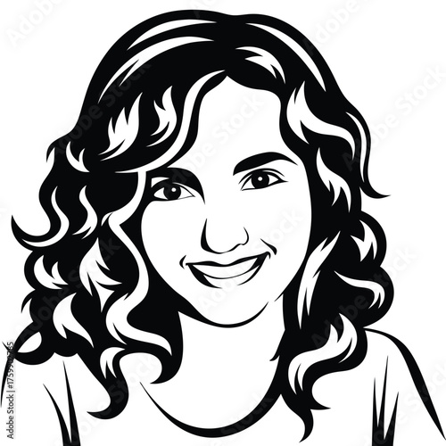 Smiling young woman with curly hair has a happy expression in the black art