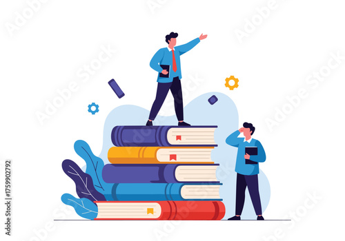 Two businessmen celebrating atop a stack of books symbolizing the achievement of success through knowledge and education.