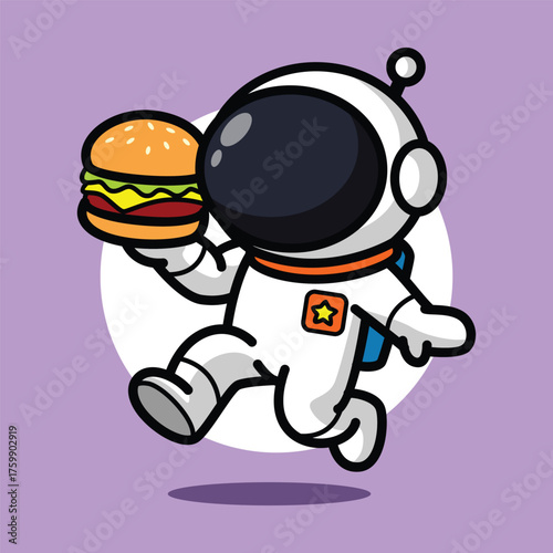 Cute Astronaut Holding Burger Cartoon Illustration for Food and Space Concept