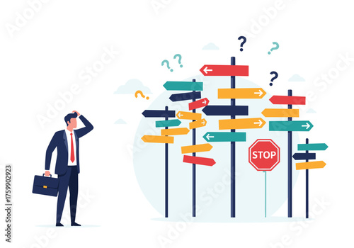 A confused businessman stands before a multitude of directional signs representing many choices and decisions.