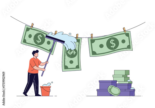Illustrating the concept of cleaning money through a visual metaphor of washing banknotes on a clothesline.