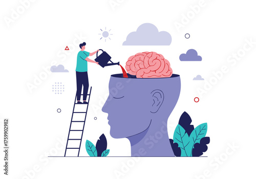 Person on ladder watering brain inside head with a watering can.