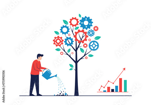 Illustrating the concept of growing business with mechanical gears and financial growth.