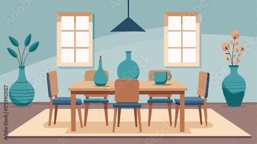 A dining room with a wooden dining table and handcrafted chairs accented with handblown glass vases and a woven runner.