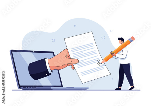 Digital signature and online contract agreement process with a person signing a document electronically.