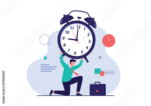 A businessman struggling to manage a giant alarm clock emphasizing the pressure of deadlines.