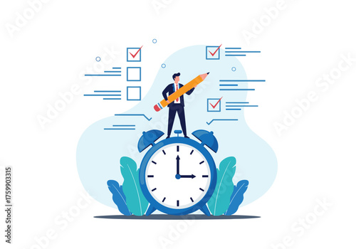 A businessman standing on a clock holding a large pencil with a checklist in the background symbolizing effective time management and productivity.