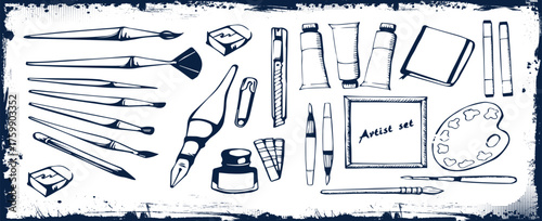 Drawing supplies or tools for artist. Vector set