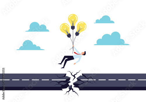 A businessman falls after a road collapses while his ideas keep him afloat.