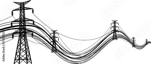 High voltage transmission towers, electric power lines, energy infrastructure, grid system, rural landscape, tension cables, industrial engineering, electricity distribution network