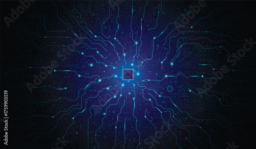 CPU Chip on Motherboard. Central Computer Processors CPU concept. Quantum computer large data processing database concept. Futuristic microchip processor. Digital chip.