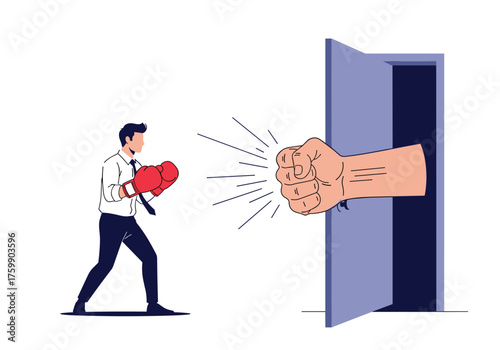 A determined businessman in boxing gloves stands ready to face a large fist emerging from an open doorway.