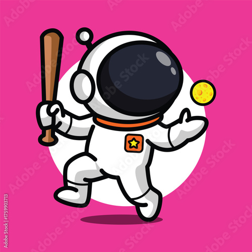 Cute Astronaut Playing Baseball Cartoon Illustration for Space and Sport Concept