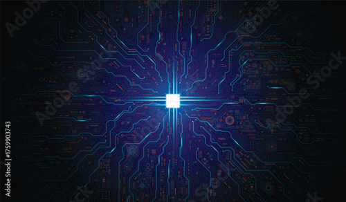 CPU Chip on Motherboard. Central Computer Processors CPU concept. Quantum computer large data processing database concept. Futuristic microchip processor. Digital chip.