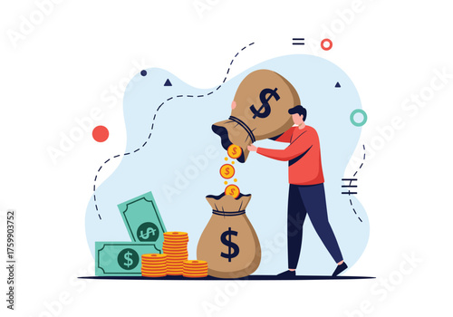 Man pouring money from a large bag into a smaller bag while coins and banknotes are around.