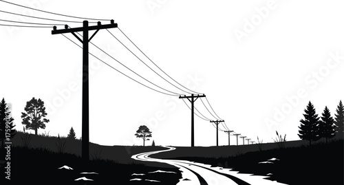 Rural landscape, utility poles, power lines, winding dirt road, countryside scene, black and white, perspective depth, infrastructure, trees, hills