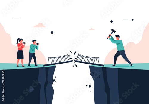 A team observes as one member demolishes a digital bridge connecting two sides, symbolizing the breakdown of connections and communication channels.