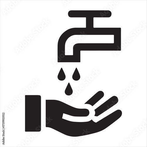 Simple black and white icon representing washing hands under a running faucet with water droplets