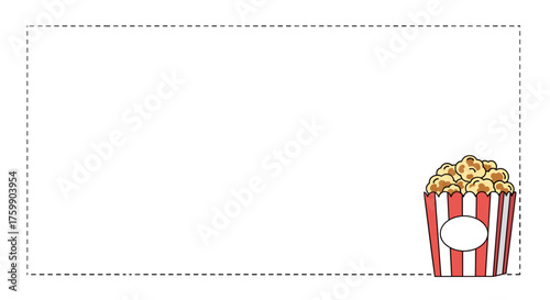 A minimalist frame border design featuring a single, flat-colored, minimalist one Caramel popcorn in red-striped paper bag in right lower corner