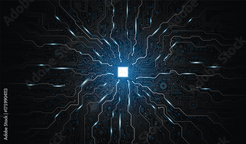 CPU Chip on Motherboard. Central Computer Processors CPU concept. Quantum computer large data processing database concept. Futuristic microchip processor. Digital chip.