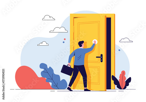 A businessman in a suit knocks on a bright yellow open door with a briefcase in hand