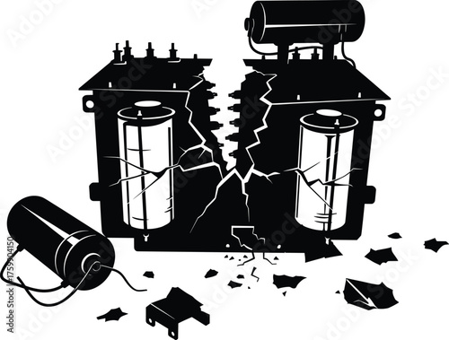 Damaged electrical transformer, broken casing, exposed coils, industrial failure, power outage risk, high voltage equipment, infrastructure accident, maintenance hazard, black and white