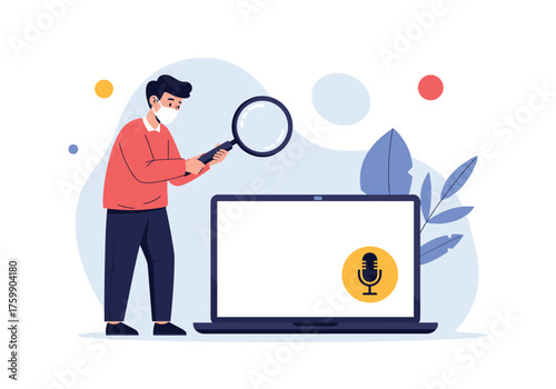 Person with a mask uses a magnifying glass to examine a laptop with a microphone icon on the screen.