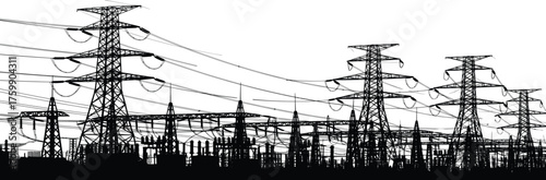 High voltage transmission towers, electrical grid infrastructure, power lines network, energy distribution system, industrial electricity, utility poles, substation cables, silhouette