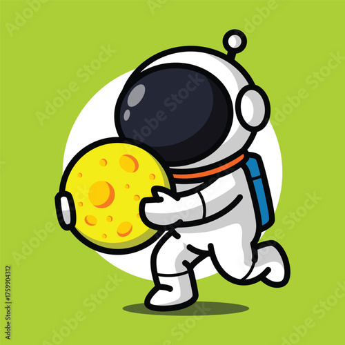Cute Astronaut Holding Cheese Moon Cartoon Illustration for Space and Fantasy Concept