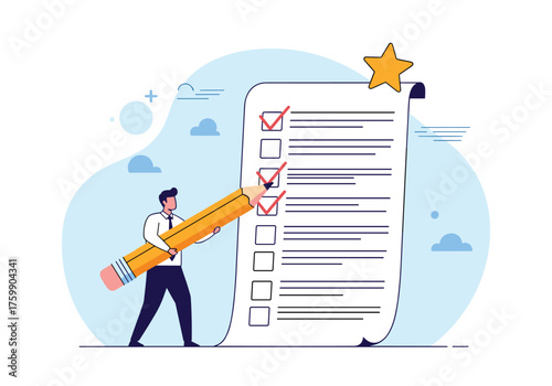 A person is checking off tasks on a long checklist with a pencil.