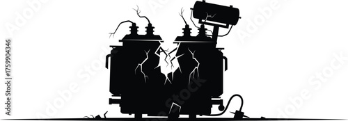 Damaged electrical transformers, industrial explosion, broken wires, power failure, high voltage equipment, malfunction, energy disruption, black silhouette, infrastructure collapse