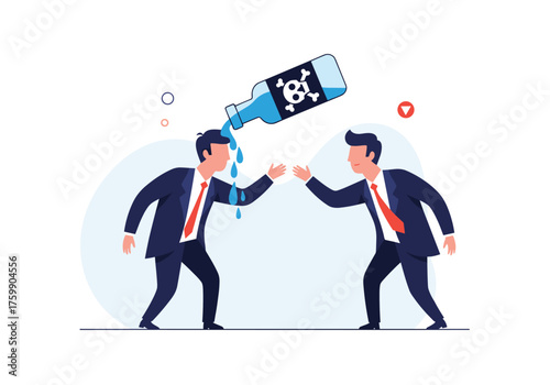 Two businessmen sharing a bottle of alcohol with a skull and crossbones symbol on it during a meeting.