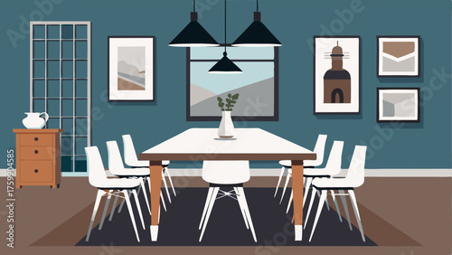A dining room with a mix of rustic and modern elements a sleek white table wooden chairs with metal accents and a striking black and white photograph on the wall.