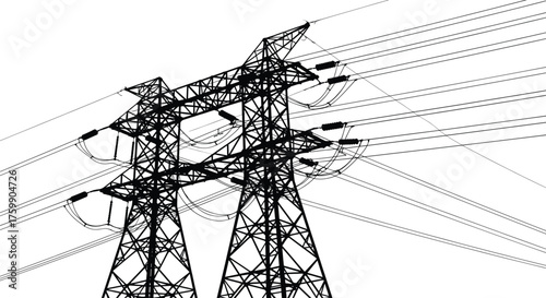 High voltage electricity transmission towers, power grid infrastructure, metal lattice pylons, energy distribution network, rural landscape, industrial utility cables