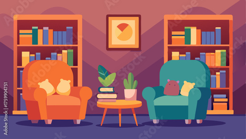 A cozy corner with plush armchairs and a shelf of books for customers to borrow.