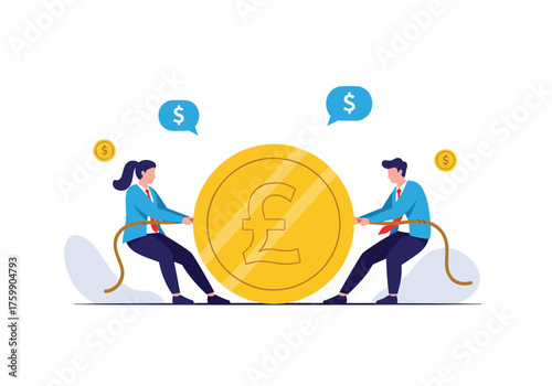 Business people pulling rope on a giant coin with currency symbols and money.