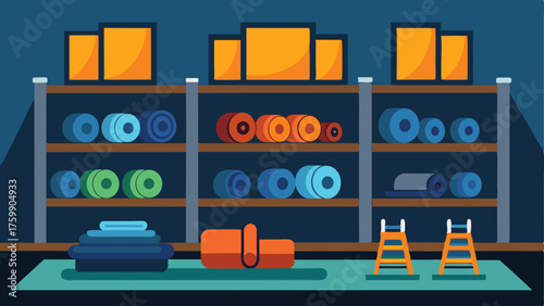 A designated area for group fitness classes with mats and weights neatly organized on shelves.