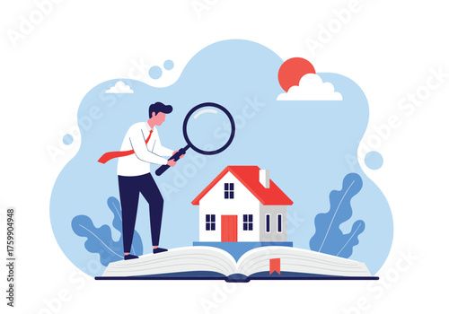 A focused professional meticulously examines a small house with a magnifying glass positioned on an open book.