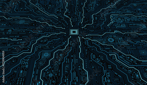 CPU Chip on Motherboard. Central Computer Processors CPU concept. Quantum computer large data processing database concept. Futuristic microchip processor. Digital chip.