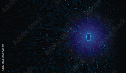 CPU Chip on Motherboard. Central Computer Processors CPU concept. Quantum computer large data processing database concept. Futuristic microchip processor. Digital chip.