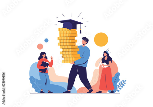 Illustrating the concept of education financing with students and a graduation cap atop a stack of coins.