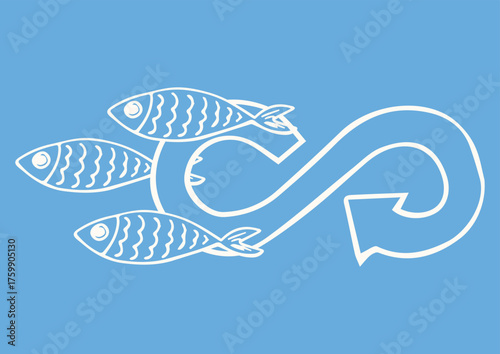 Circular Economy Symbol with Fish Sustainable Fishing with Ocean Blue background