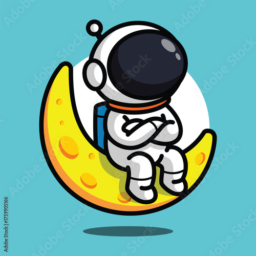 Cute Astronaut Sitting on the Moon Cartoon Illustration for Dream and Space Concept