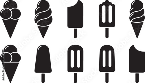 Black and White Frozen Dessert Icons for Food and Summer Design