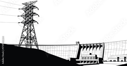 Hydroelectric dam, power generation, electricity transmission, renewable energy, water flow, infrastructure, engineering, black and white, spillway, high voltage tower