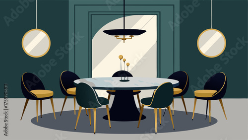 A dining room with a round marble table velvet dining chairs and a dramatic black and gold chandelier.