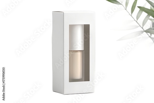 Minimalist white box packaging with a clear window showcasing a cosmetic product