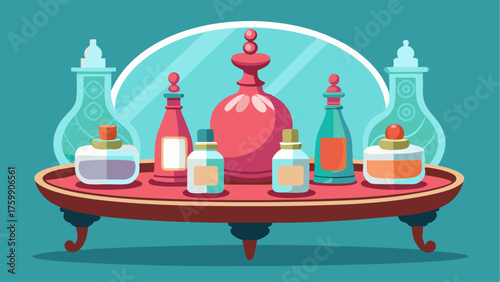 A decorative tray filled with antique perfume bottles sitting on a mirrored vanity table.