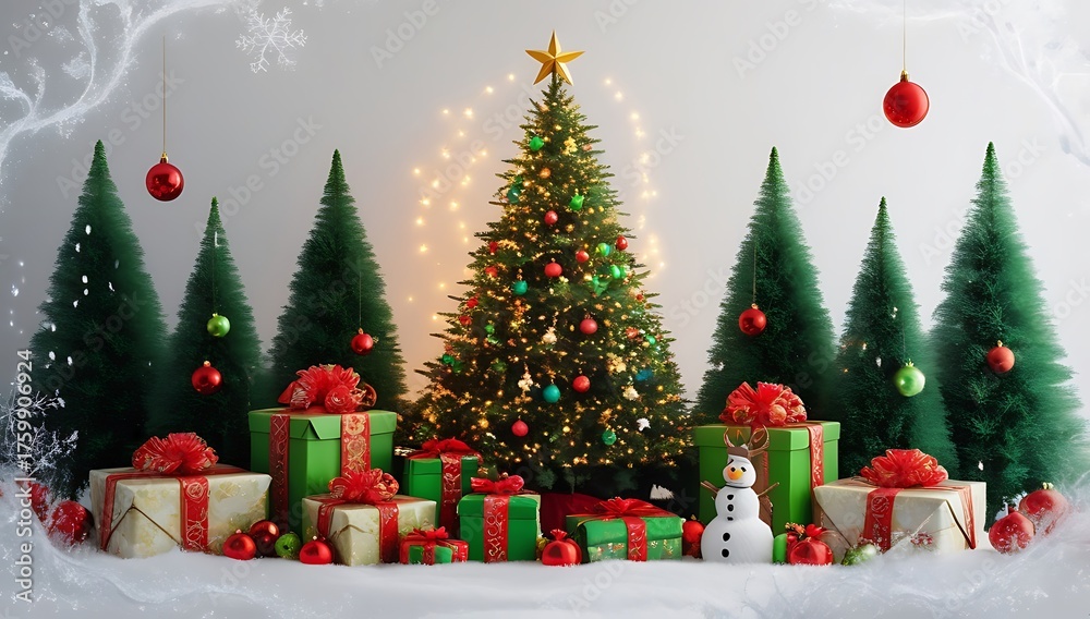 Obraz premium Festive christmas tree decorations with presents and snowman amids winter holiday spirit